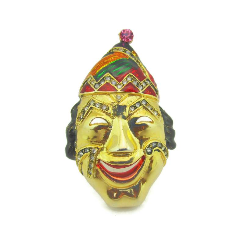 Staret Style Clown Brosche/Regenbogen Emaille Harlekin Narrenhut/Klare Strasssteine Hochglanz Gold Ton Pin/Breites Lächeln Gemalt Rote Lippen/ von BajanLizard