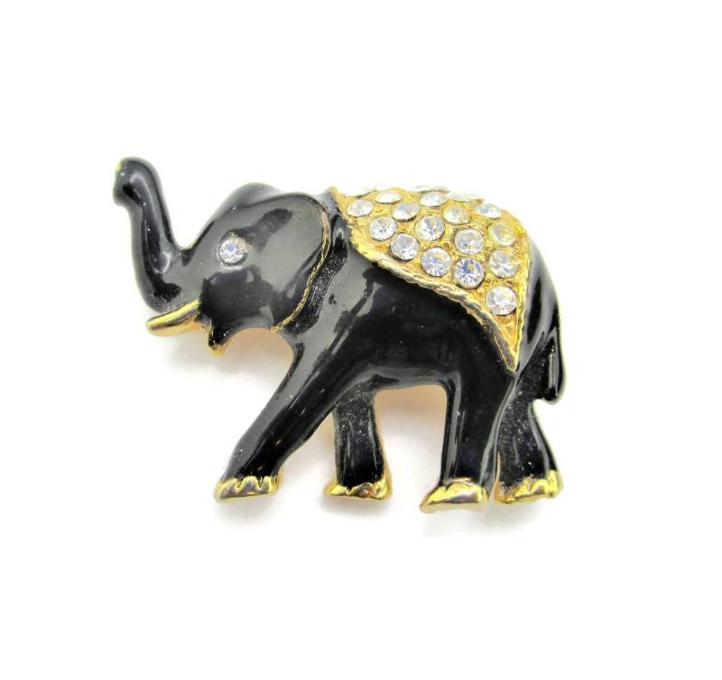 Trunk Up Elephant Brosche/Schwarze Emaille Klare Strasssteine/Heavy Gold Electroplate von BajanLizard