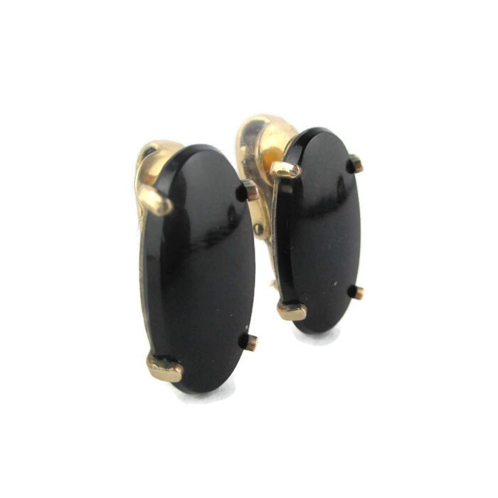 Vintage Retro-Zinke Set Oval Onyx Cabochon 12K Gold Gefüllte Ohrclips von BajanLizard