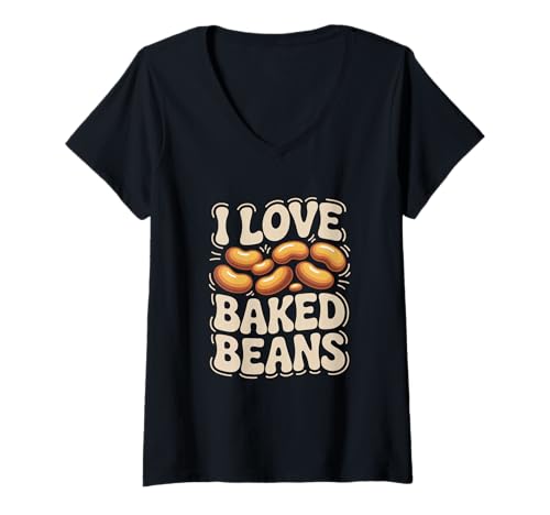Damen I Love Baked Beans Lustiges Statement T-Shirt mit V-Ausschnitt von Baked Beans Enthusiast Humor Lovers Fun