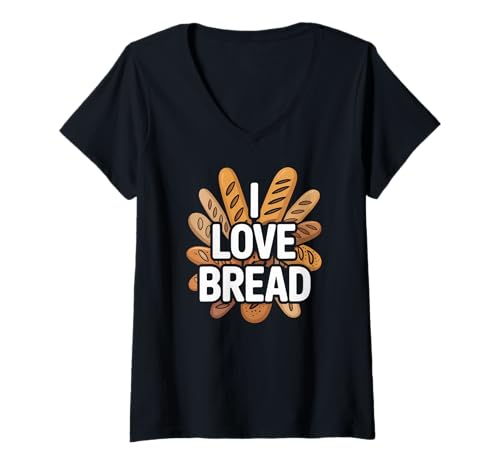 Damen Aussage von „I Love Bread Bakery Lover“ T-Shirt mit V-Ausschnitt von Baked Goods Enthusiast Graphic Tee