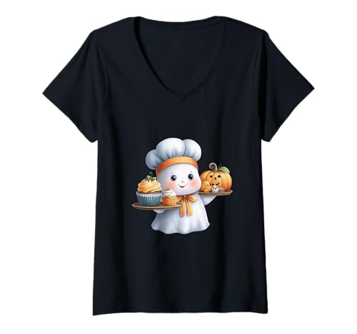 Damen Cute Ghost Baker Halloween Chef Spooky Baking Men Women T-Shirt mit V-Ausschnitt von Baker Baking Lover