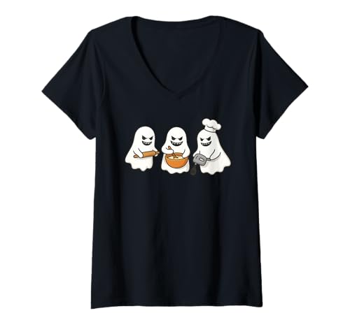 Damen lustiges Backgeister Halloween T-Shirt mit V-Ausschnitt von Baker Life Unordentliches Brötchen