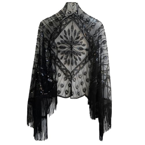 Damen Poncho Pailletten Perlenschal Wickel 1920er Fransen Abendumhang Gatsby Partyschal Flapper Überwurf Abendschal von BakerMiche