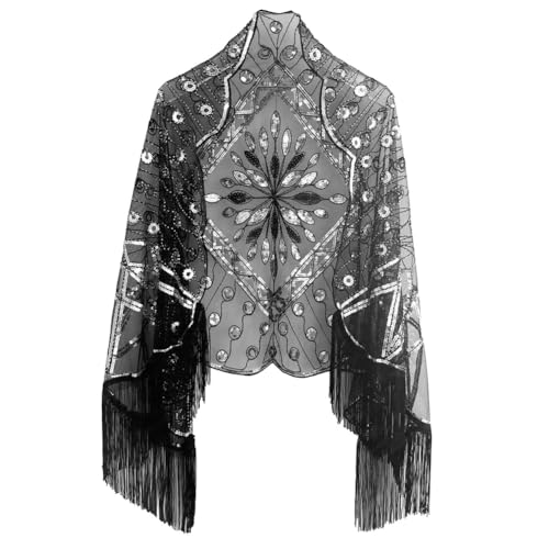 Damen Poncho Pailletten Perlenschal Wickel 1920er Fransen Abendumhang Gatsby Partyschal Flapper Überwurf Abendschal von BakerMiche