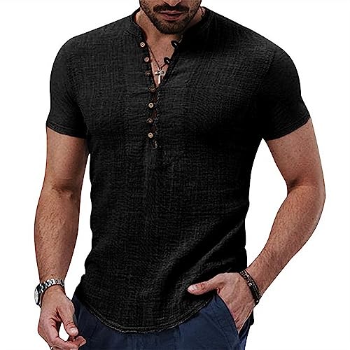 Baketron Hemd Herren Sommer Kurzarm Hemden Leinenhemd Leichtes Sommerhemd Freizeithemd für Strand Men's Casual Henley Shirts von Baketron