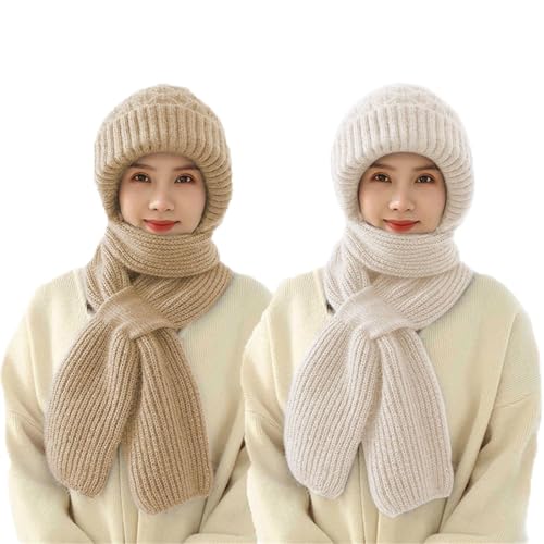 Baketron Integrierter Gehörschutz Winddichte Mütze Schal,Damen Verdickter Warmer Einteiliger Hutschal,2 in 1 Maskenschal Strickmütze,Winter Warm Strickmütze von Baketron