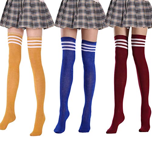 Bakicey 3 Paar Damen Kniestrümpfe Frauen Lange Streifen Socken Overknee Strümpfe Strumpfhosen Socken Hoch Über das Knie Lange Socken Frühling Sommer Strümpfe (Gelb + Blau + Rot) von Bakicey