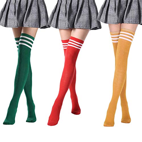 Bakicey 3 Paar Damen Kniestrümpfe Frauen Lange Streifen Socken Overknee Strümpfe Strumpfhosen Socken Hoch Über das Knie Lange Socken Frühling Sommer Strümpfe (Grün + Orange + Gelb) von Bakicey