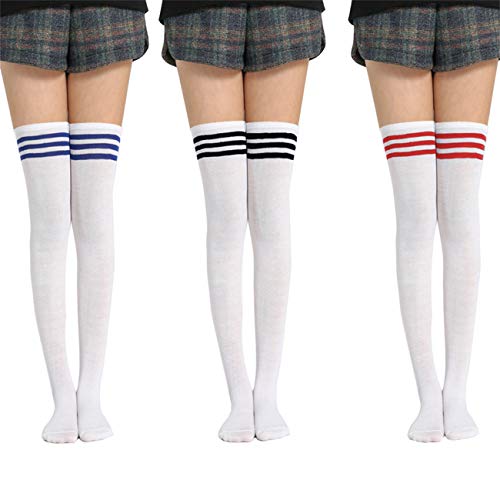 Bakicey 3 Paar Damen Kniestrümpfe Frauen Lange Streifen Socken Overknee Strümpfe Strumpfhosen Socken Hoch Über das Knie Lange Socken Frühling Sommer Strümpfe (Weiße Streifen) von Bakicey