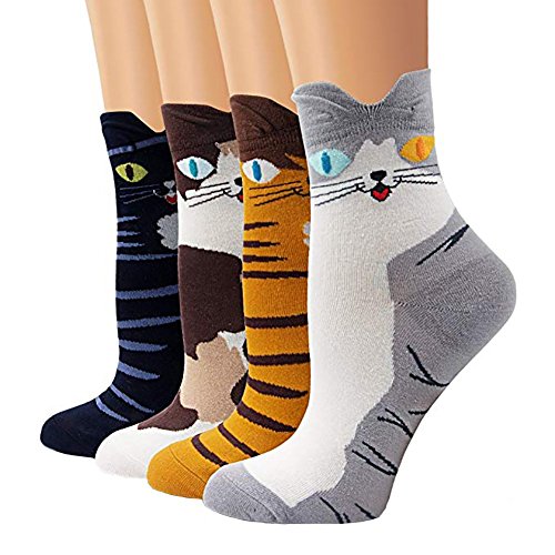 Bakicey Damen Mädchen Socken Stricken Socken Strümpfe Baumwolle Nette Cartoon Gemustert Mädchensocken - Elastisch Sport Socken Füßlinge Kurzsocken Damensocken, (4 Paar, Niedlich Katzen) von Bakicey