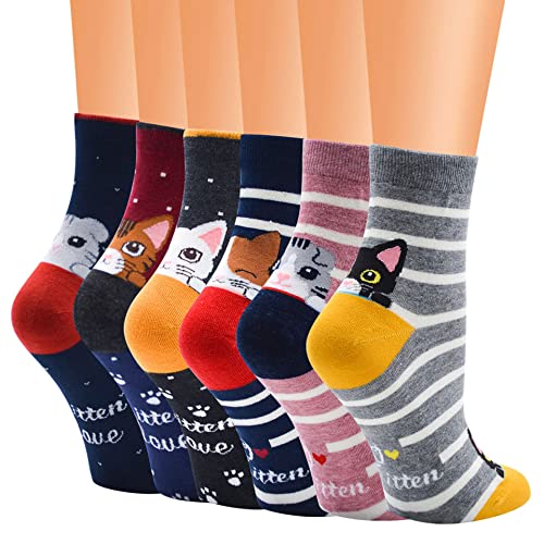 Bakicey Damen Mädchen Socken Stricken Socken Strümpfe Baumwolle Nette Cartoon Gemustert Mädchensocken - Elastisch Sport Socken Füßlinge Kurzsocken Damensocken, (5 Paar, Fun Katze) von Bakicey