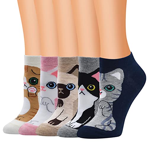 Bakicey Damen Mädchen Socken Stricken Socken Strümpfe Baumwolle Nette Cartoon Gemustert Mädchensocken - Elastisch Sport Socken Füßlinge Kurzsocken Damensocken, (5 Paar, Kleine Katzen) von Bakicey