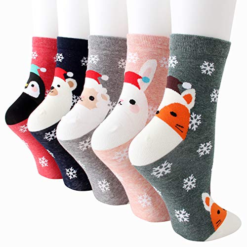 Bakicey Damen Mädchen Socken Stricken Socken Strümpfe Baumwolle Nette Cartoon Gemustert Mädchensocken - Elastisch Sport Socken Füßlinge Kurzsocken Damensocken, (5 Paar, Pinguin Schneeflocke) von Bakicey