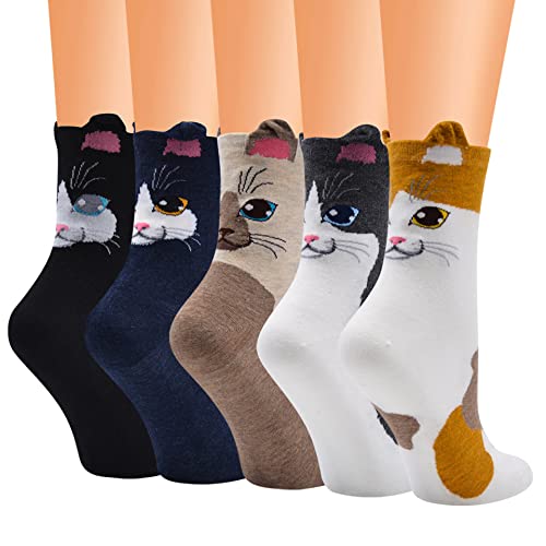 Bakicey Damen Mädchen Socken Stricken Socken Strümpfe Baumwolle Nette Cartoon Gemustert Mädchensocken - Elastisch Sport Socken Füßlinge Kurzsocken Damensocken, (5 Paar, Verwilderte Katzen) von Bakicey