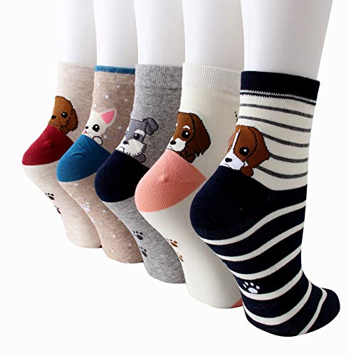 Bakicey Damen Mädchen Socken Stricken Socken Strümpfe Baumwolle Nette Cartoon Gemustert Mädchensocken - Elastisch Sport Socken Füßlinge Kurzsocken Damensocken, (5 Paar, Welpen) von Bakicey