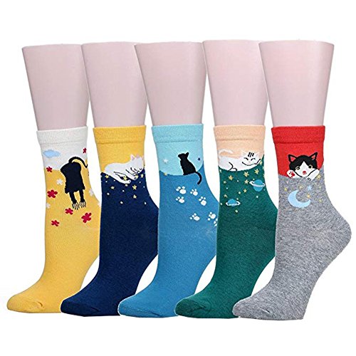 Bakicey Damen Mädchen Socken Stricken Socken Strümpfe Baumwolle Nette Cartoon Gemustert Mädchensocken - Elastisch Sport Socken Füßlinge Kurzsocken Damensocken, (5 Paar, Lässige Katzen) von Bakicey
