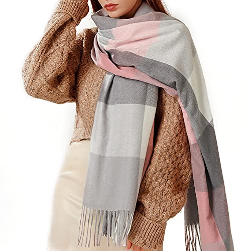 Bakicey Damen Schal XXL Warm Weich Strickschal Karo Winterschal Herbstschal Wolleschal Frauen Deckenschal Halstuch Scarf Poncho Cape (Hell Pink) von Bakicey