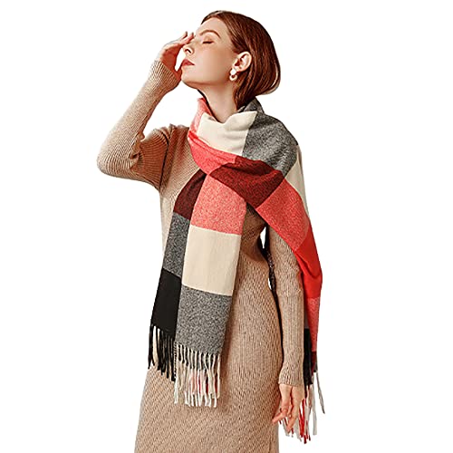 Bakicey Damen Schal XXL Warm Weich Strickschal Karo Winterschal Herbstschal Wolleschal Frauen Deckenschal Halstuch Scarf Poncho Cape (Rötlich Schwarz) von Bakicey