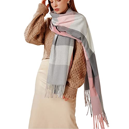 Bakicey Damen Schal XXL Warm Weich Strickschal Karo Winterschal Herbstschal Wolleschal Frauen Deckenschal Halstuch Scarf Poncho Cape (Rosa) von Bakicey