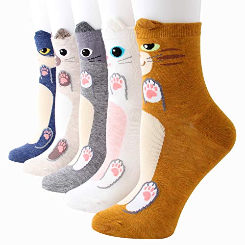 Bakicey Damen Mädchen Socken Stricken Socken Strümpfe Baumwolle Nette Cartoon Gemustert Mädchensocken - Elastisch Sport Socken Füßlinge Kurzsocken Damensocken, (5 Paar, Katze Palm) von Bakicey