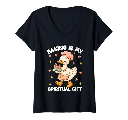 Damen Backen ist Mein spirituelles Geschenk Bezaubernde Ente T-Shirt mit V-Ausschnitt von Baking Enthusiast Cute Duck Humor Spiritual