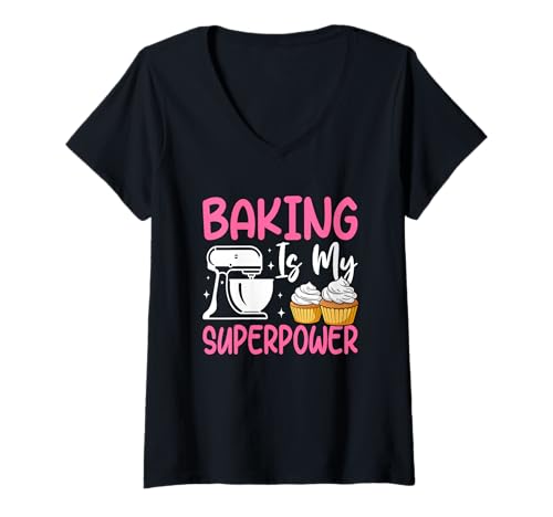 Damen Backen ist Mein Superpower Mixer Cupcake T-Shirt mit V-Ausschnitt von Baking Enthusiasts Mixer Cupcake Lovers