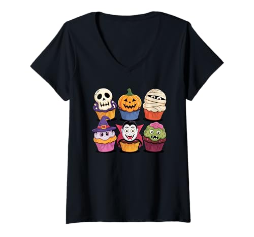 Damen Halloween Cupcakes Gebäck Cupcake Skelett Hexe Mumie T-Shirt mit V-Ausschnitt Damen Halloween Cupcakes Gebäck Cupcake Skelett Hexe Mumie T-Shirt mit V-Ausschnitt von Baking Gift For A Baker