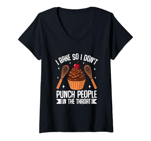 Damen Ich backe, damit ich den Leuten Nicht in die Kehle Schlage T-Shirt mit V-Ausschnitt Damen Ich backe, damit ich den Leuten Nicht in die Kehle Schlage T-Shirt mit V-Ausschnitt von Baking Humor Cupcake Whisk Funny Baking Quote