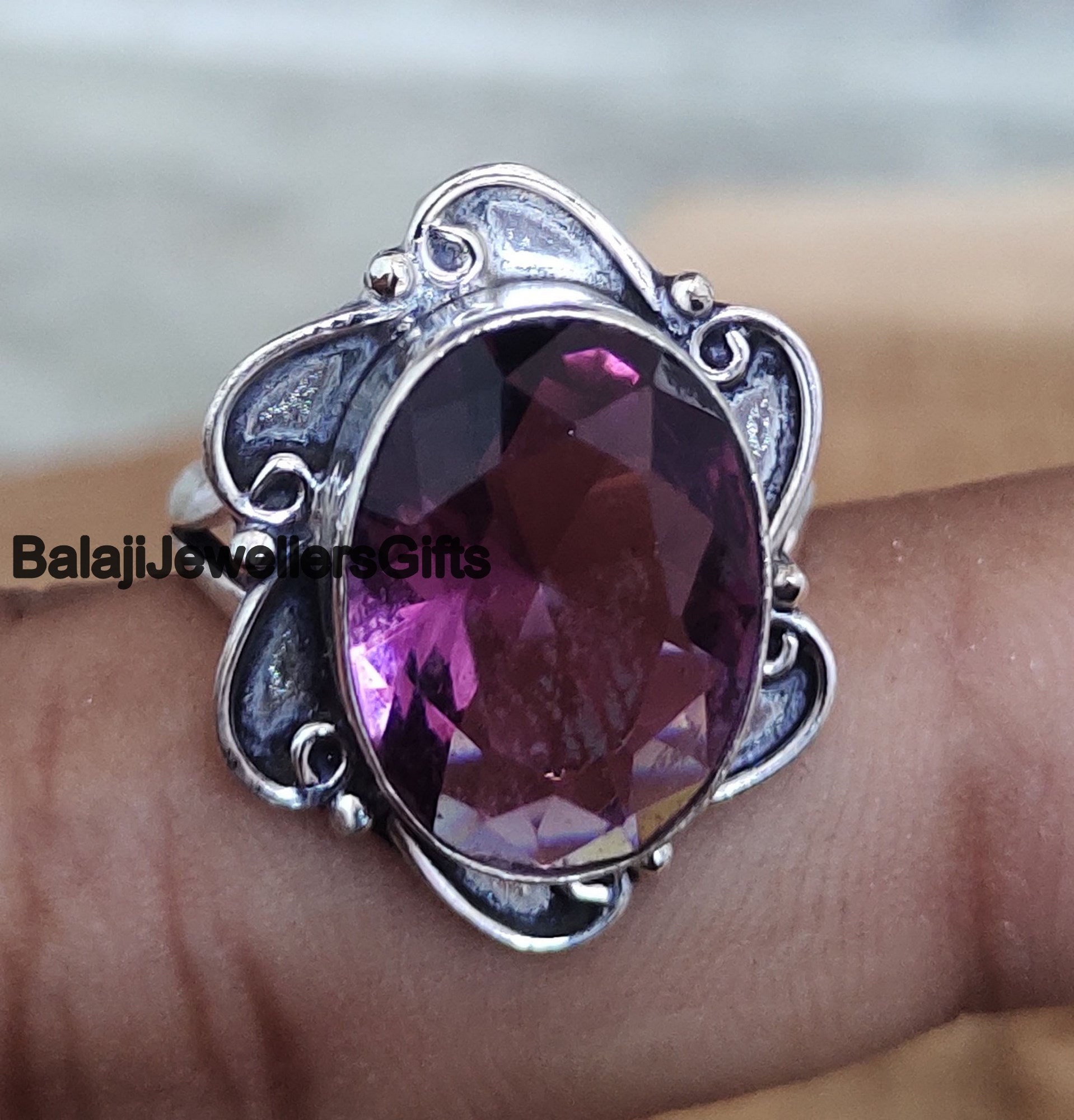 Amethyst Edelstein Ring, 925 Sterling Silber Handgefertigter Zierlicher Jahrestag Beliebter Frauen Geschenk Für Sie, B1234 von BalajiJewellersGifts