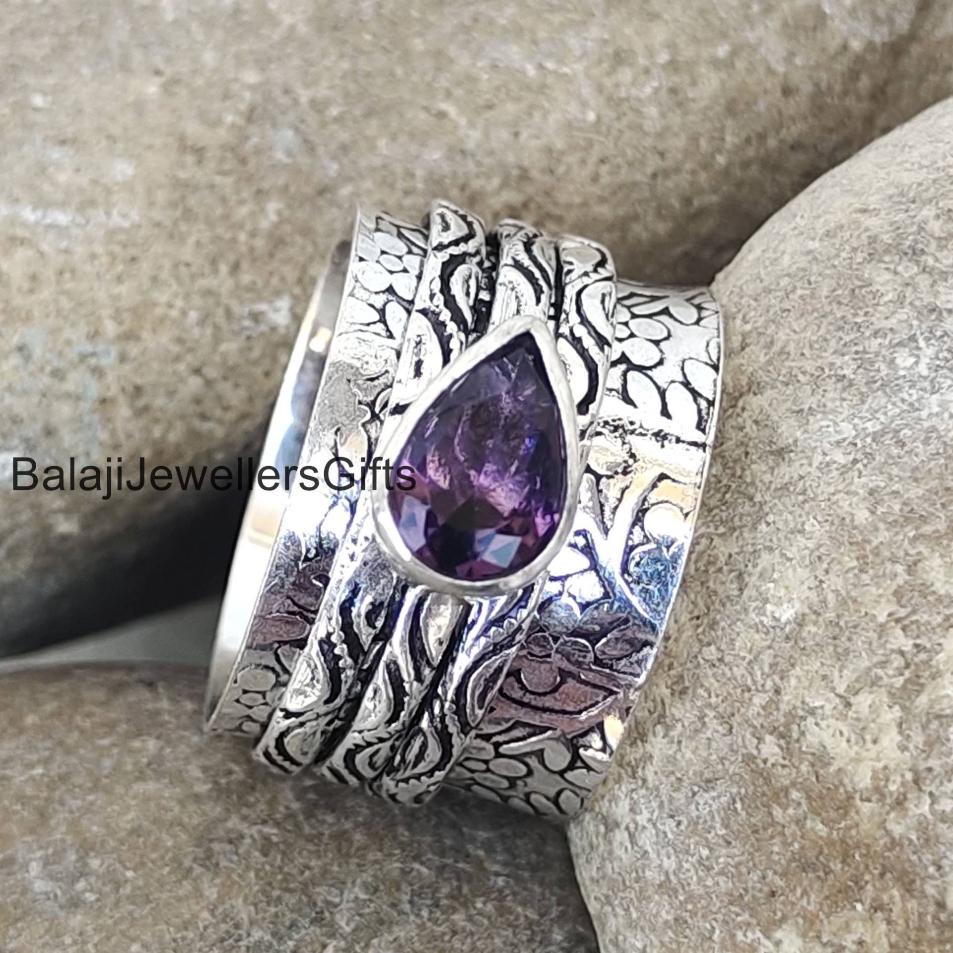 Amethyst Ring Silber, 925 Sterling Silber Ring, Spinner Handgefertigter Meditation Ehering, Frauenring, Geschenk Für Sie, B836 von BalajiJewellersGifts