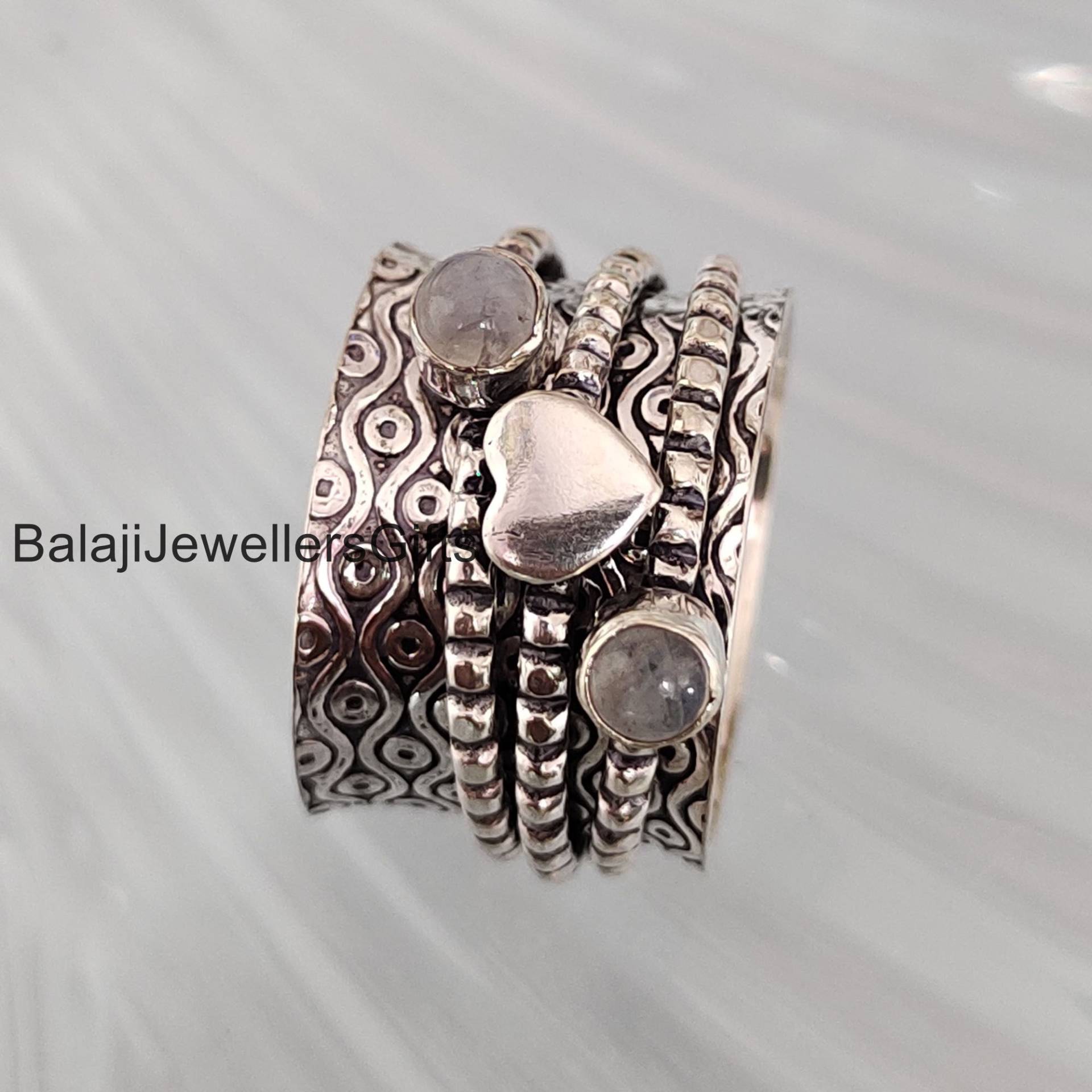 Doppelter Natürlicher Mondstein Ring, Herz Spinner Fidget Handgefertigter Boho Meditation Frauen B686 von BalajiJewellersGifts