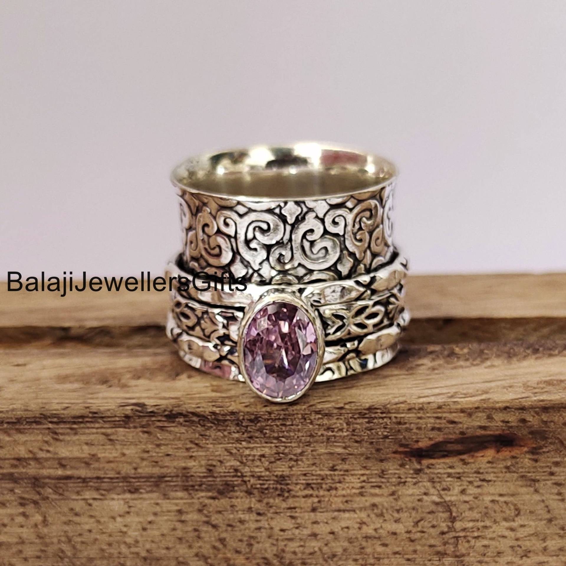 Rosenquarz Edelstein Ring, 925 Sterling Silber, Handgemachter Boho Spinner Geschenk Ring Für Sie, Yoga Frauen Angst B745 von BalajiJewellersGifts