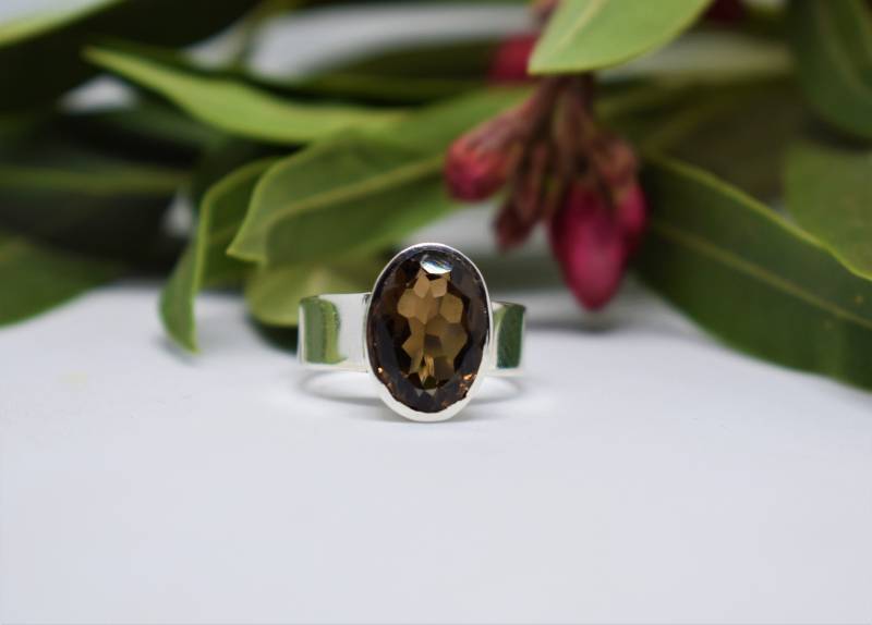 Breiter Band Rauchquarz Ring Oval Sterling Silber Geburtsstein von BalajiJewels