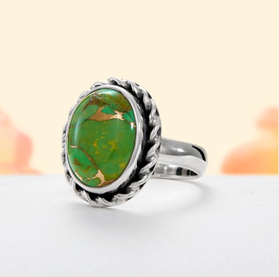 Grüner Kupfer Türkis Ring Ovaler Sterling Silber Statement Ring von BalajiJewels