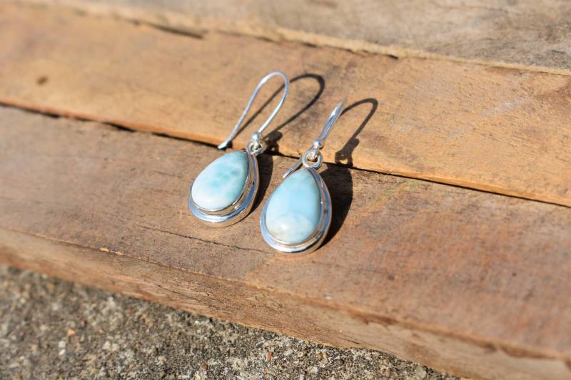 Handgefertigte Larimar Tropfen Sterling Silber Ohrringe Edelstein Schmuck von BalajiJewels