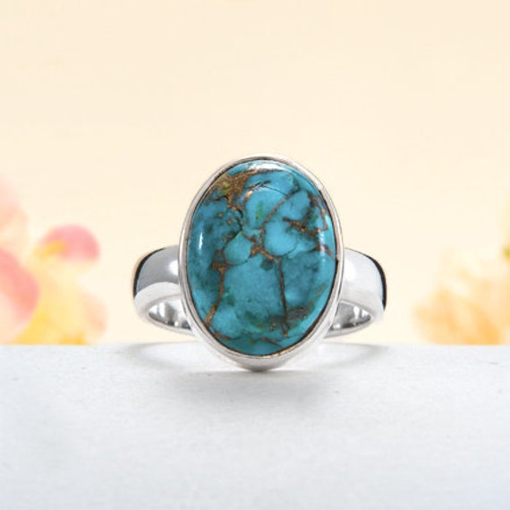 Handgemachte Blauer Türkis Kupfer Ring Ovale Sterling Silber Band von BalajiJewels