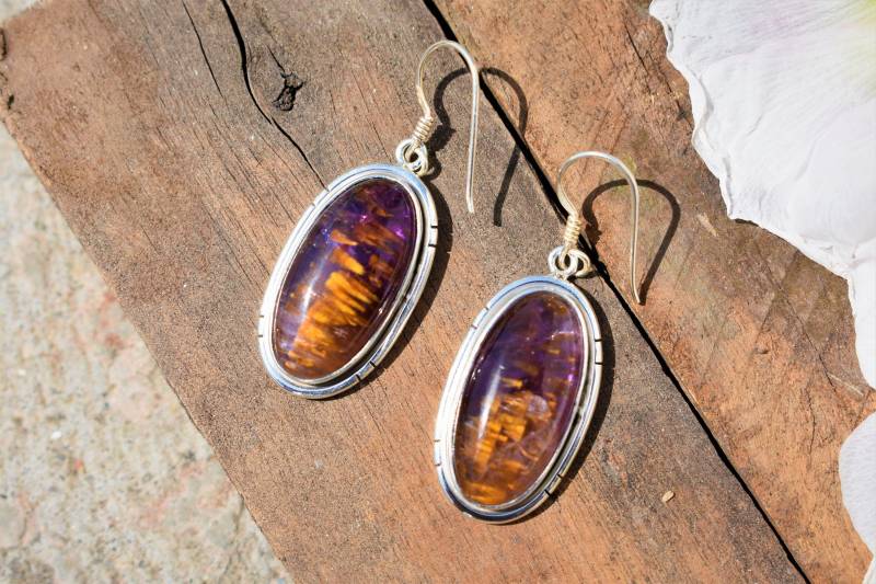 Handgemachte Cacoxenit Silber Ohrringe Lange Ovale Ohrringe von BalajiJewels