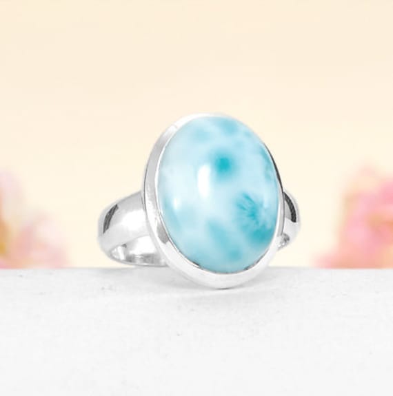 Handgemachte Runde Larimar Ring Sterling Silber Statement Ring von BalajiJewels