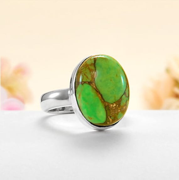 Handgemachter Grüner Kupfer Türkis Ring 925 Sterling Silber Band von BalajiJewels