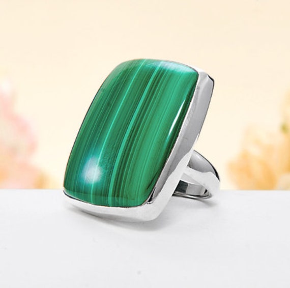 Handgemachter Octagon Malachit Ring Sterling Silber Band, Grüner Edelstein Schmuck von BalajiJewels