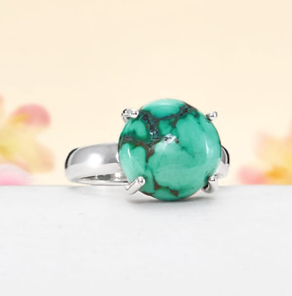 Handgemachter Runder Türkisring 925 Sterling Silber Krappenfassung von BalajiJewels