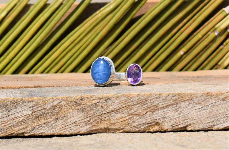 Kyanit-Amethyst Doppelstein-Ring 925Er Sterlingsilber-Boho-Ring von BalajiJewels