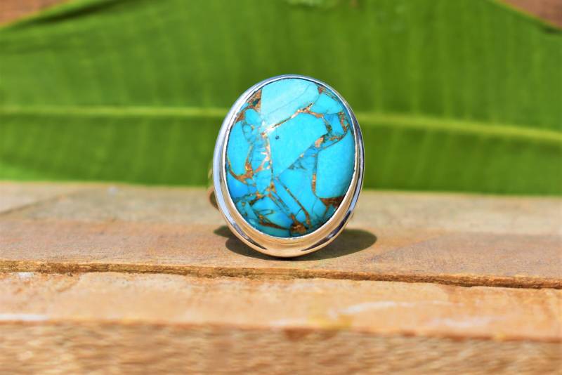 Oval Türkis Ring Handgemachter Edelstein Aus 925 Sterling Silber von BalajiJewels