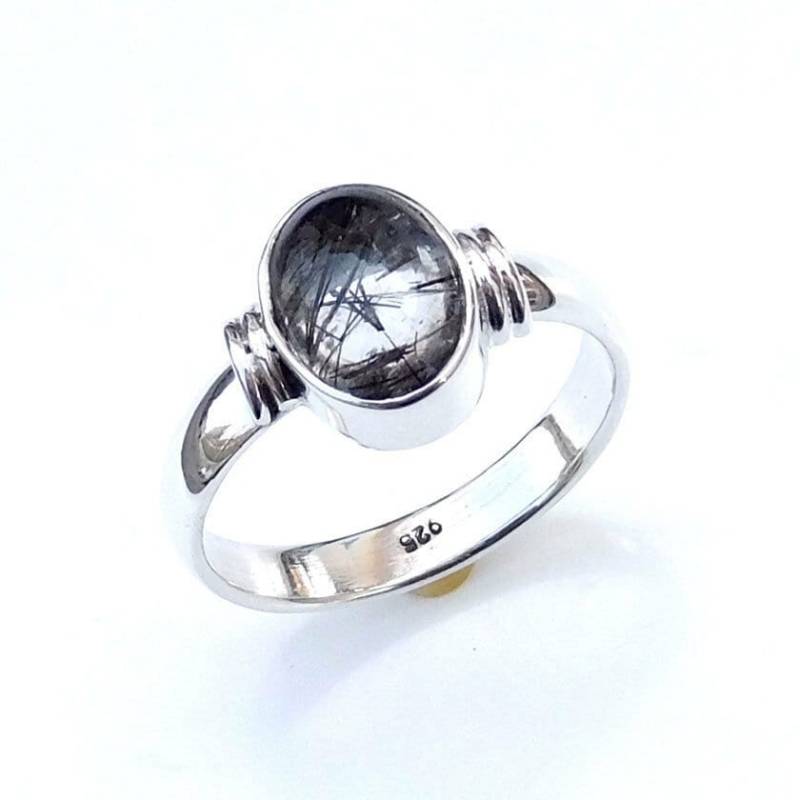 Ovaler Schwarzer Rutil Edelstein-Ring 925 Sterling Silber Band von BalajiJewels