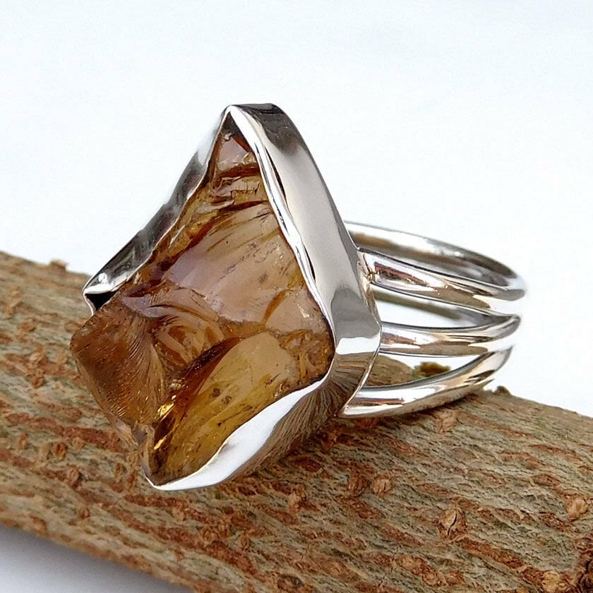 Rohe Citrin Sterling Silber Ring Dreifach Band Statement Ring von BalajiJewels