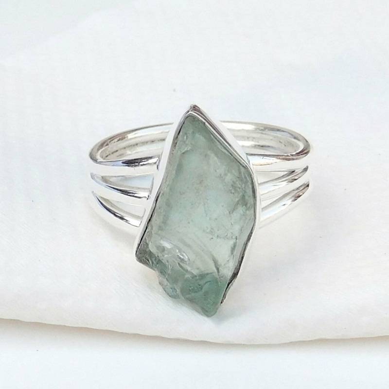 Roher Aquamarin-Ring Sterling Silber Dreiband-Statement-Ring von BalajiJewels