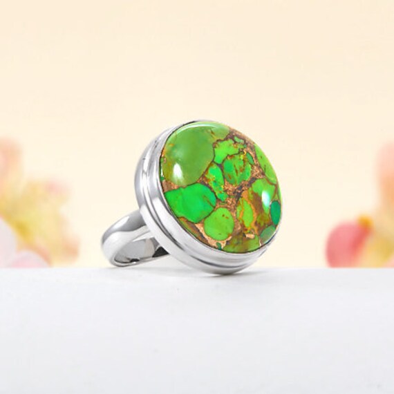 Sterling Silber Türkis Statement Ring Runder Grüner Edelstein von BalajiJewels