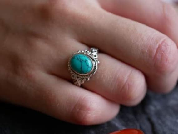 Türkis Kupfer Sterling Silber Ring Zierlicher Boho Schmuck von BalajiJewels