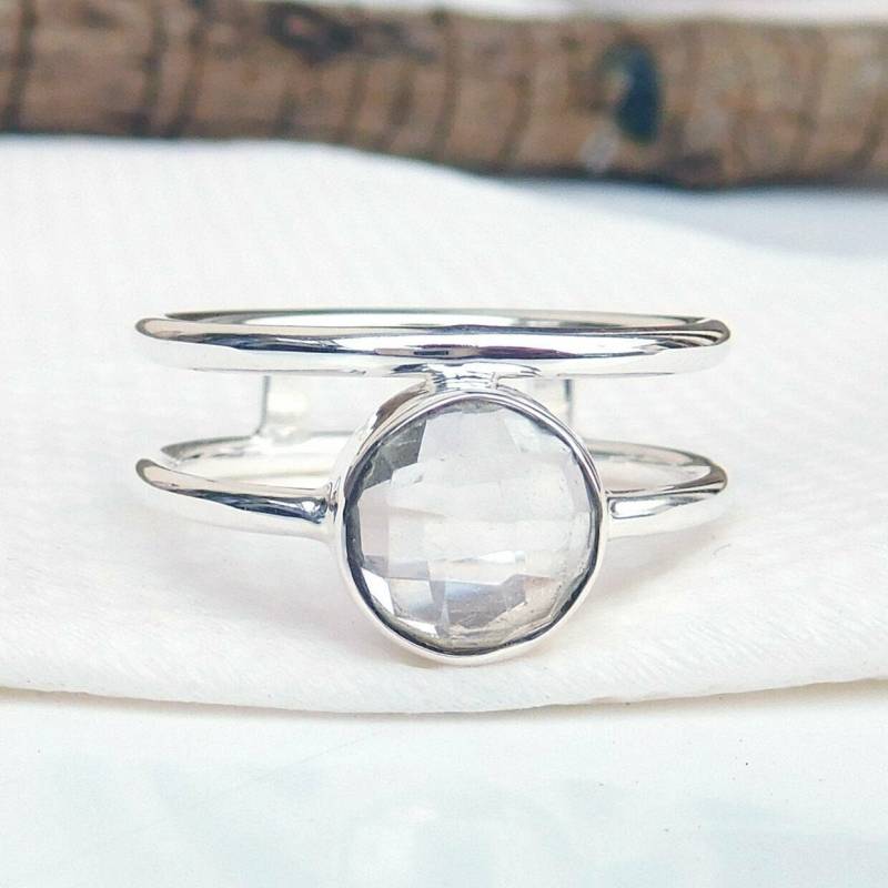Weißer Quarz Ring Handgemachter 925 Sterling Silber Doppel Band Statement Ring von BalajiJewels